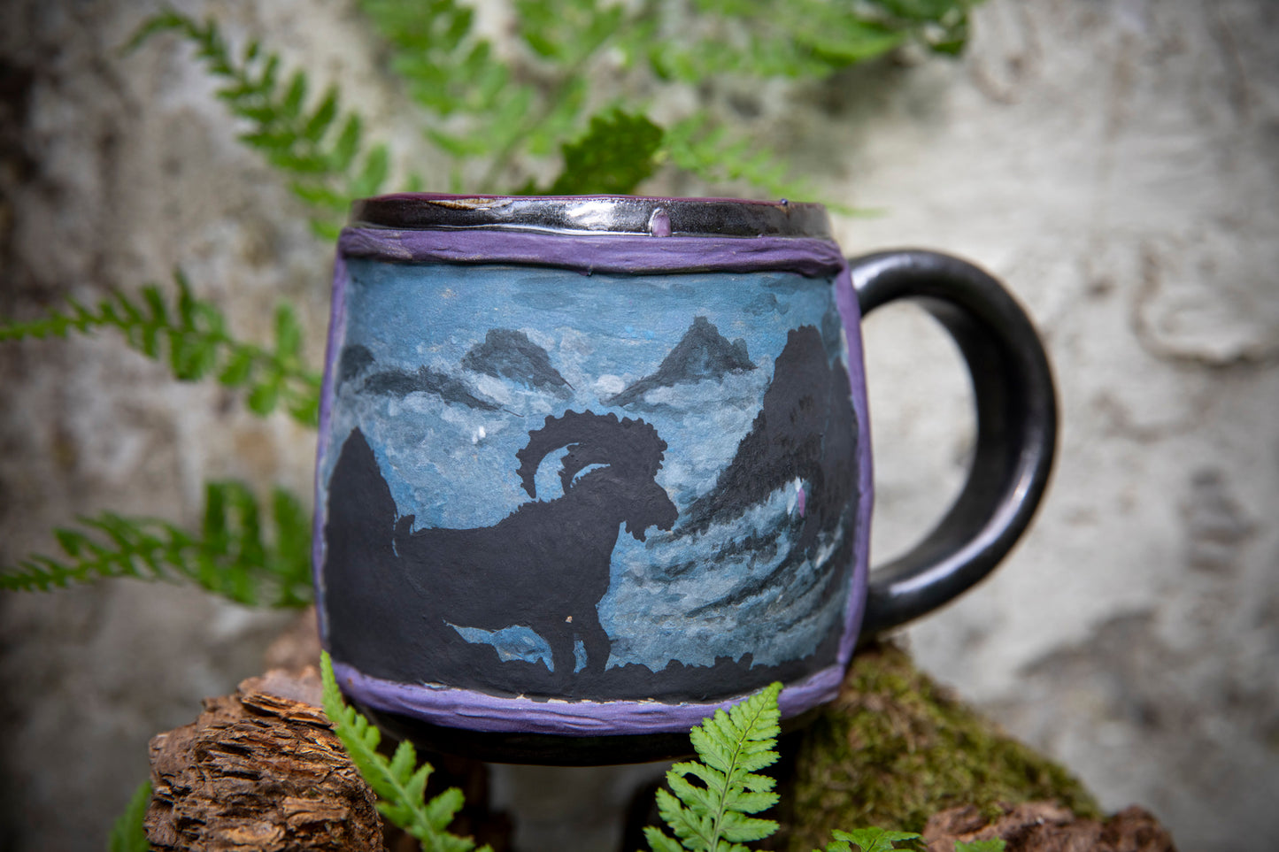 Ibex in mountains ceramic mug. Pottery, one of a kind