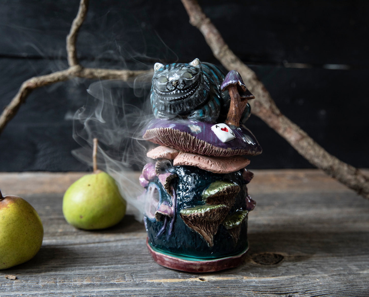 Cheshire smiling Cat from Alice in wonderland on mushroom house ceramic incense holde