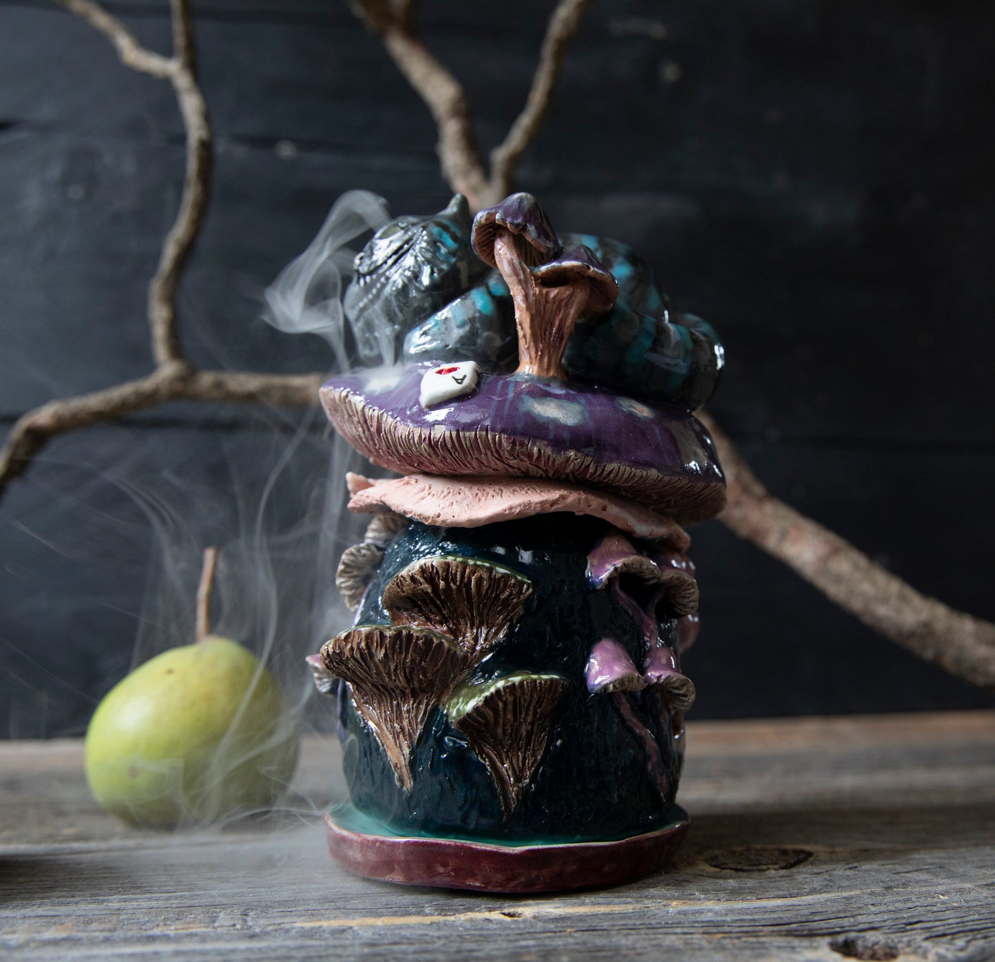 Cheshire smiling Cat from Alice in wonderland on mushroom house ceramic incense holde