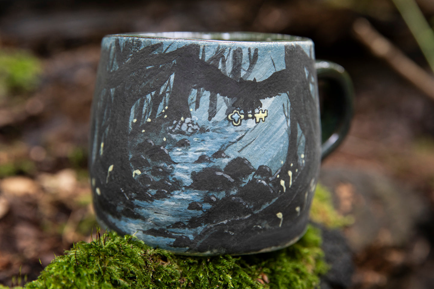 Ceramic mug with Owl carrying a Magic Key. Pottery. One of a kind