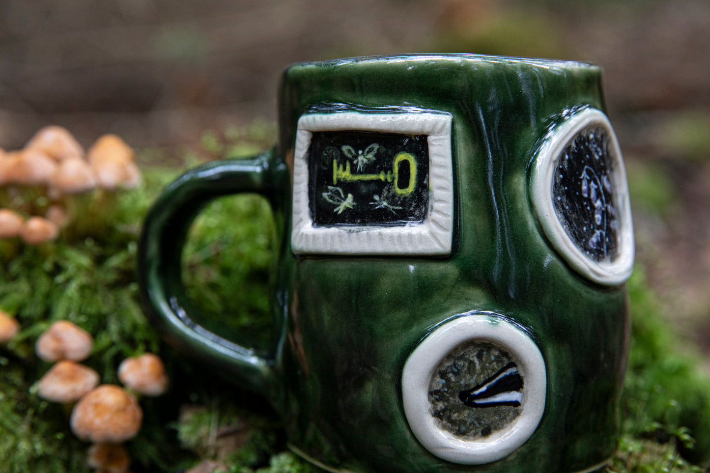 Badgers, owl, runes magic mug. Pottery, ceramic, witchy, forest, unicorn, fairy