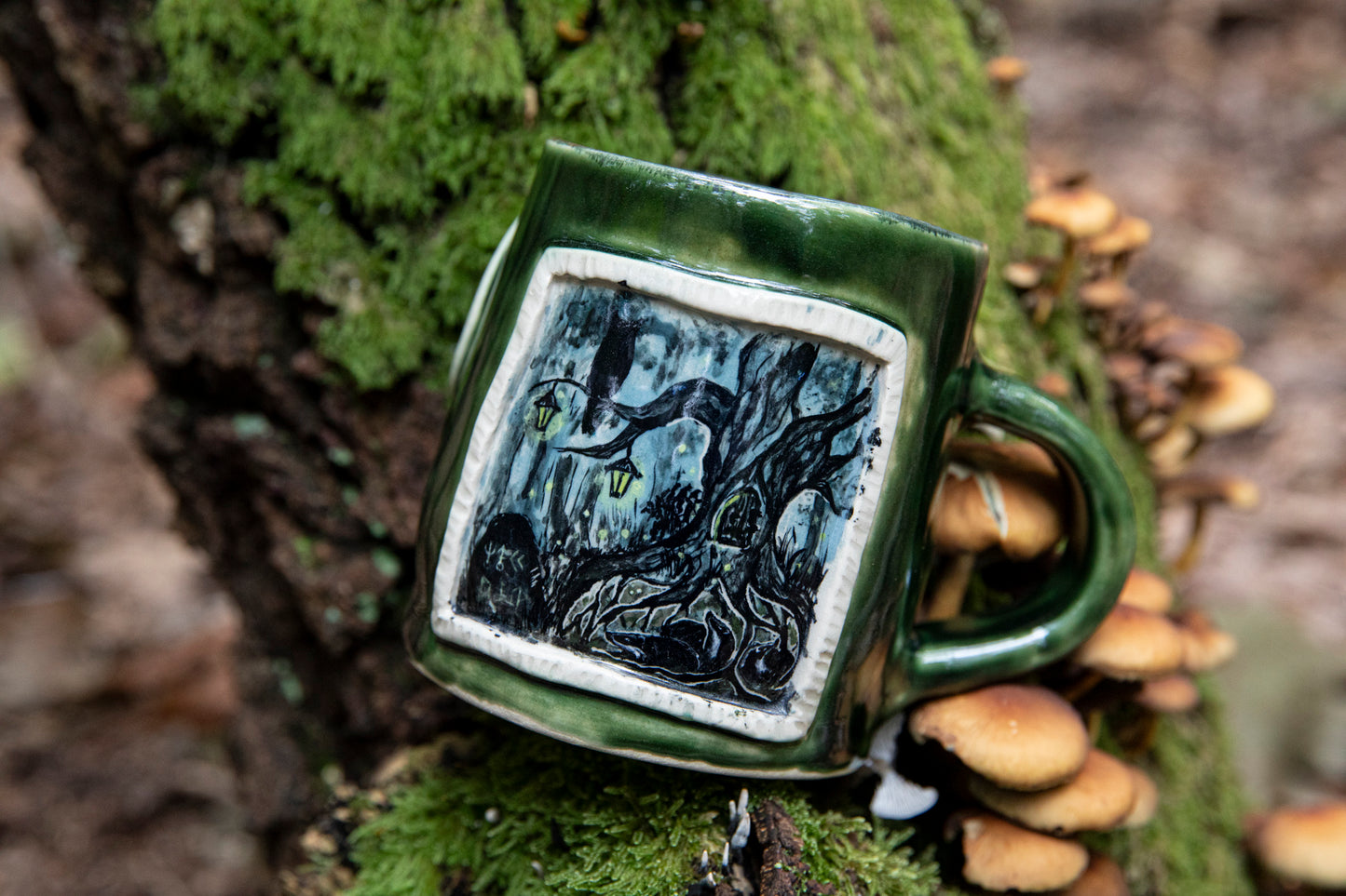 Badgers, owl, runes magic mug. Pottery, ceramic, witchy, forest, unicorn, fairy
