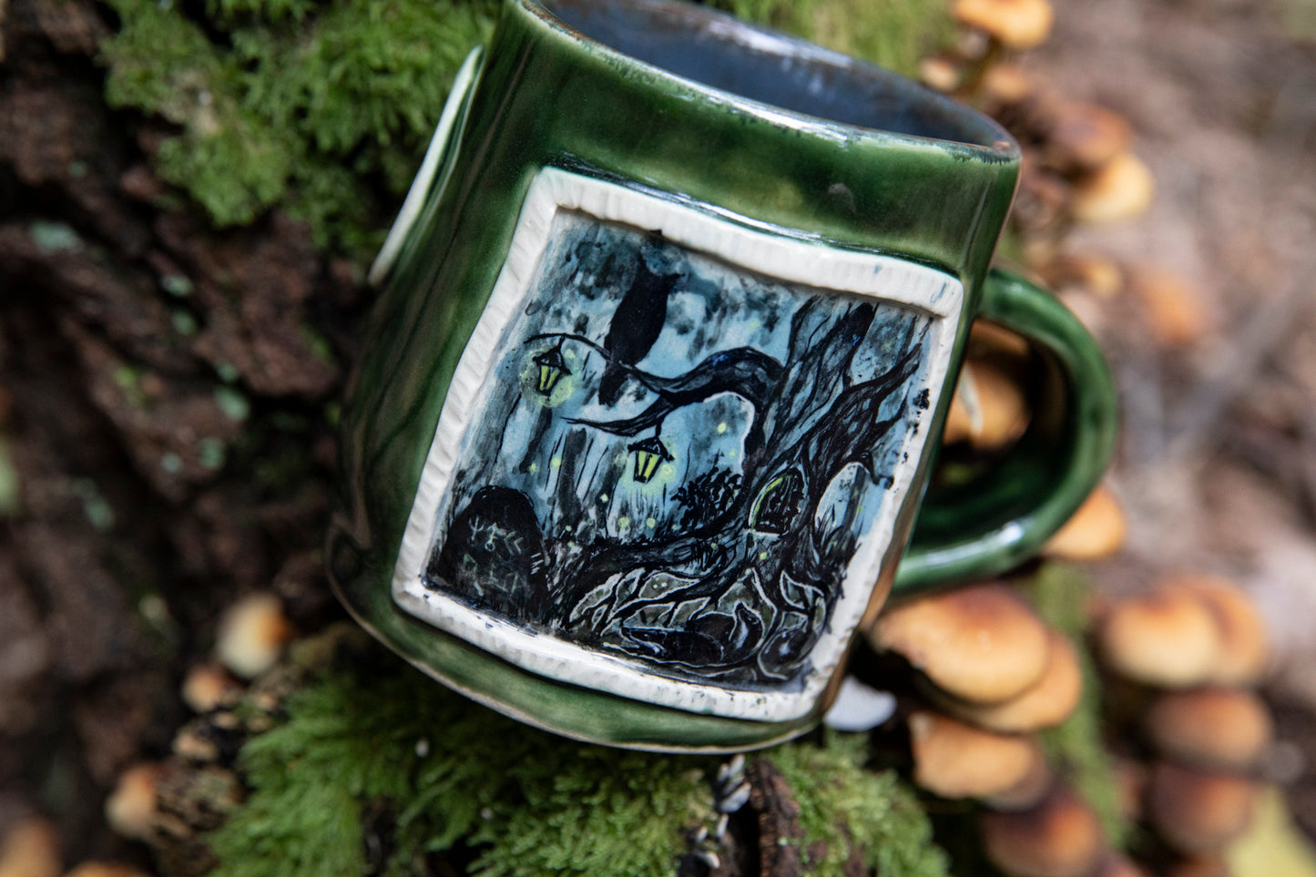 Badgers, owl, runes magic mug. Pottery, ceramic, witchy, forest, unicorn, fairy