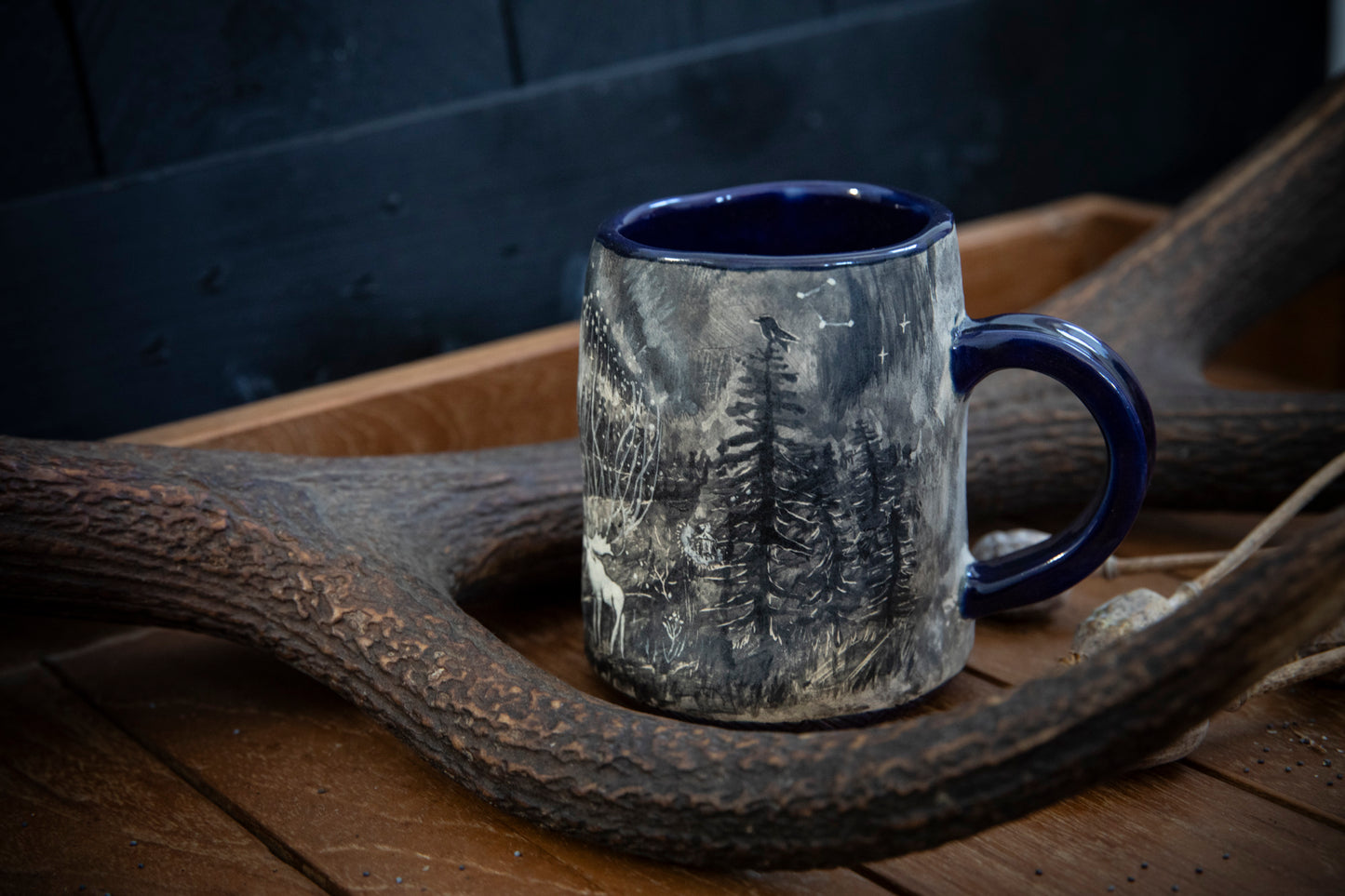 White moose (elk) spirit ceramic handmade mug. Fairy tales, shamanism