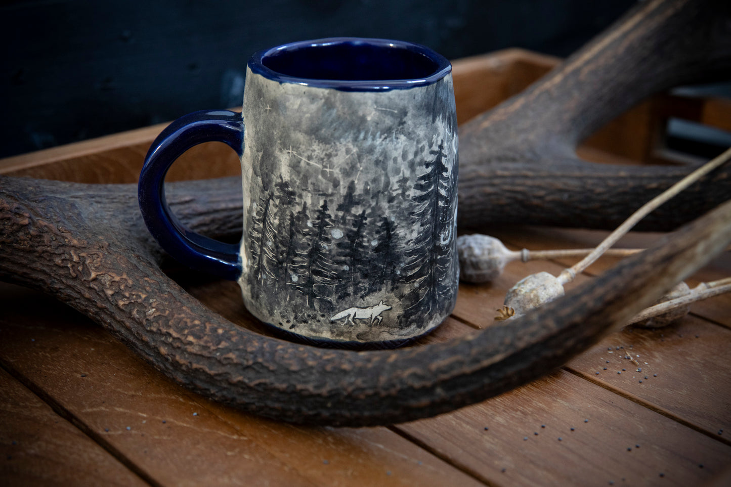 White moose (elk) spirit ceramic handmade mug. Fairy tales, shamanism