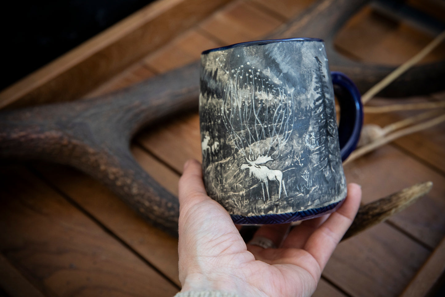 White moose (elk) spirit ceramic handmade mug. Fairy tales, shamanism