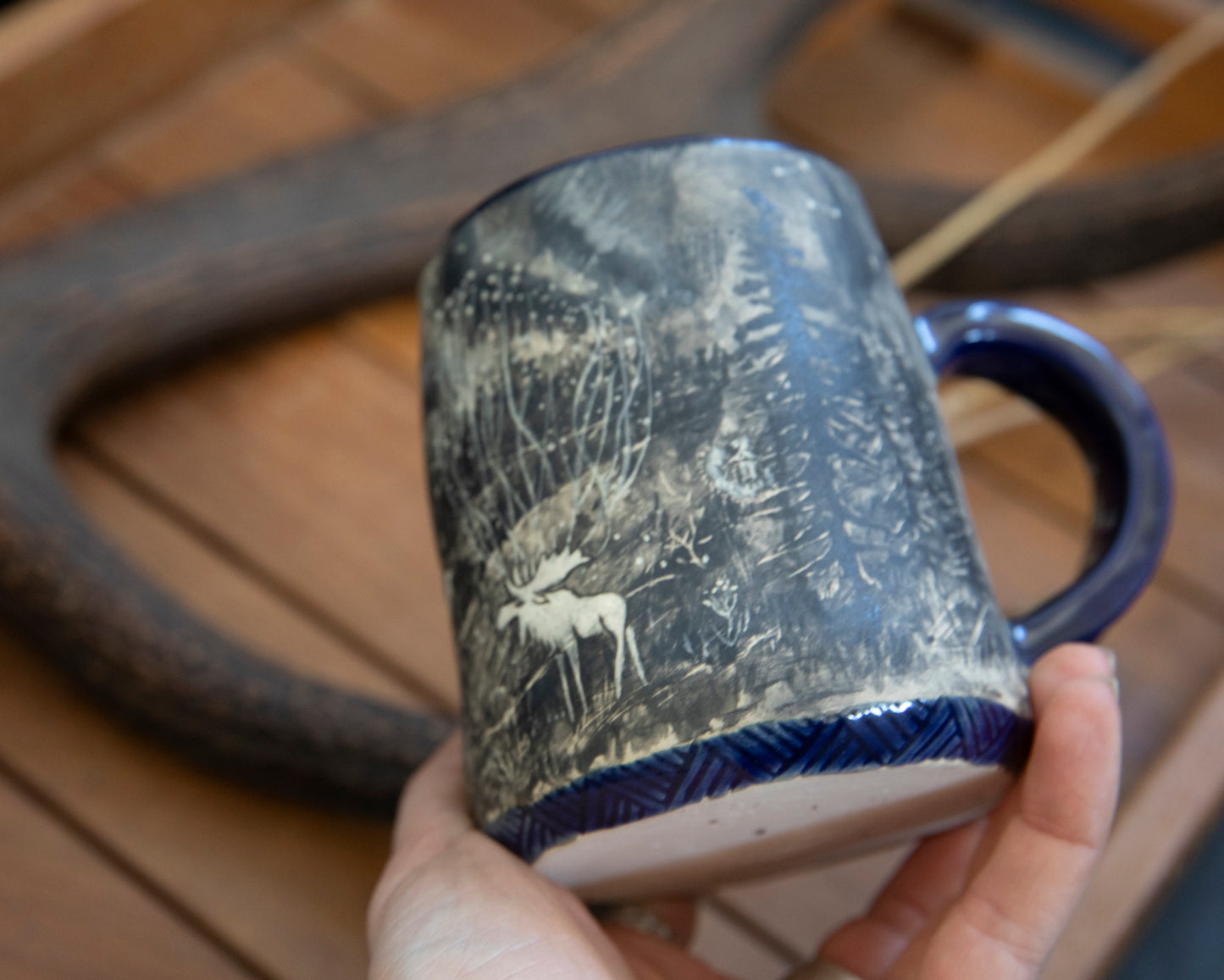 White moose (elk) spirit ceramic handmade mug. Fairy tales, shamanism
