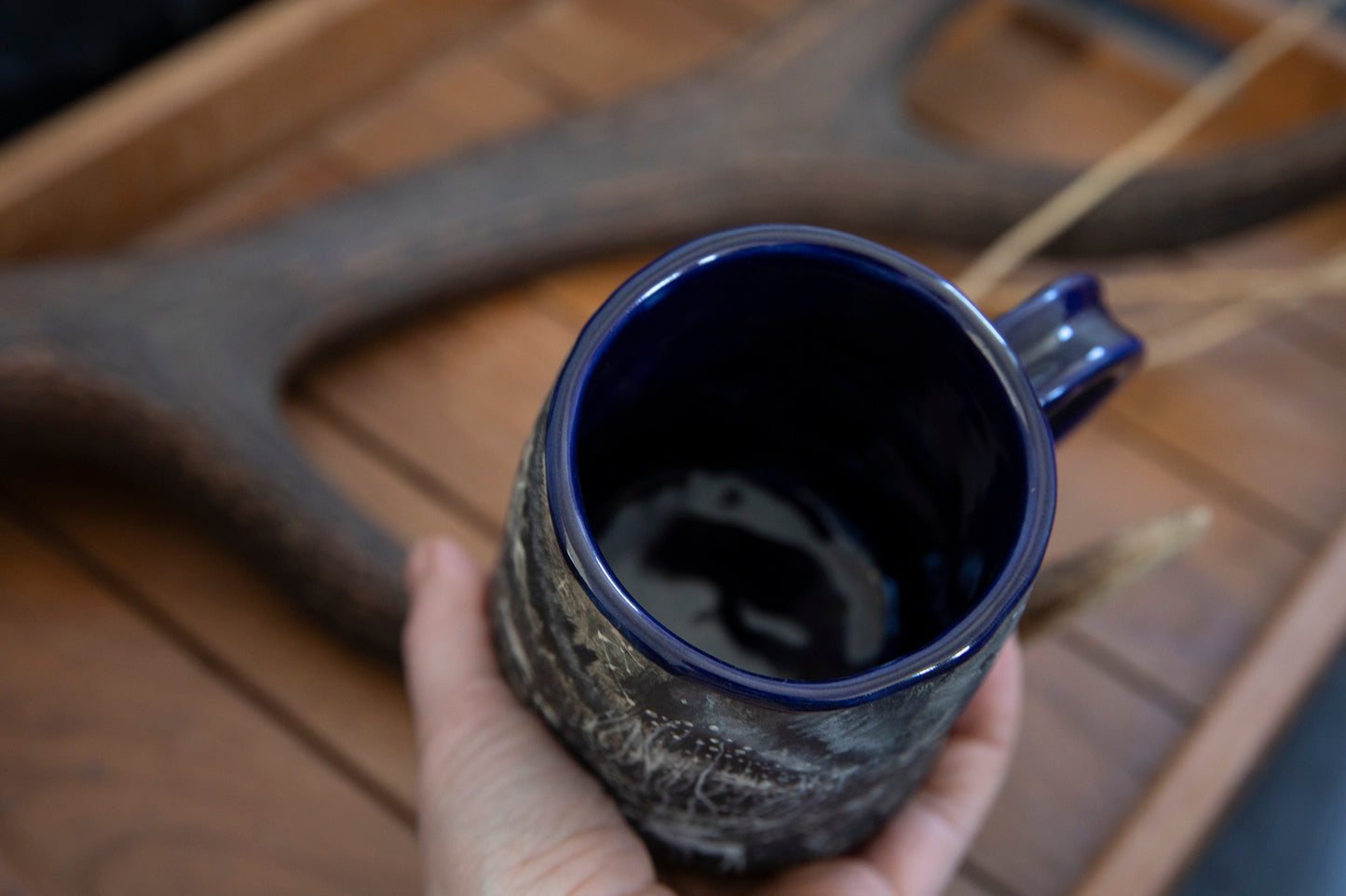 White moose (elk) spirit ceramic handmade mug. Fairy tales, shamanism