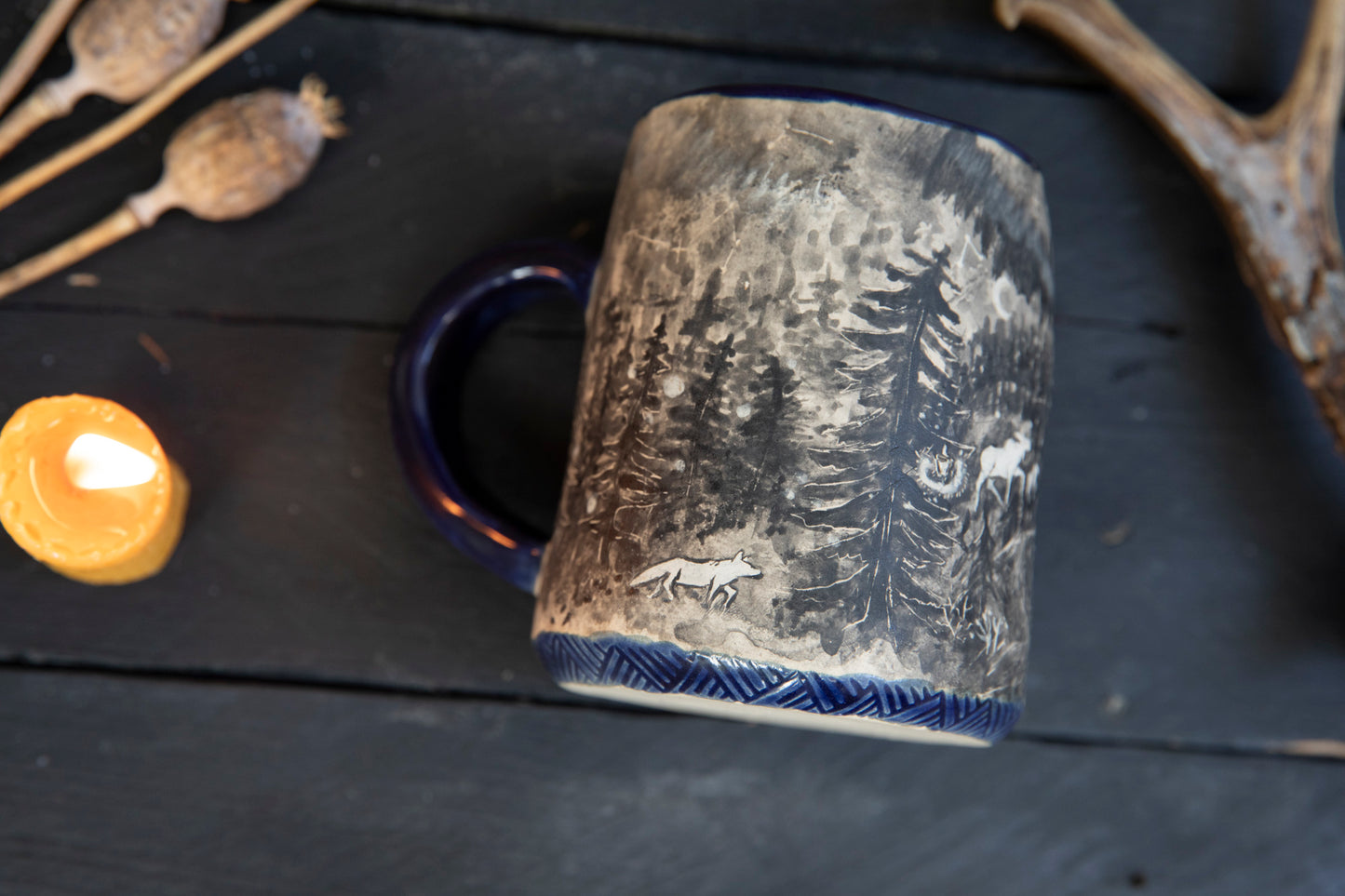 White moose (elk) spirit ceramic handmade mug. Fairy tales, shamanism