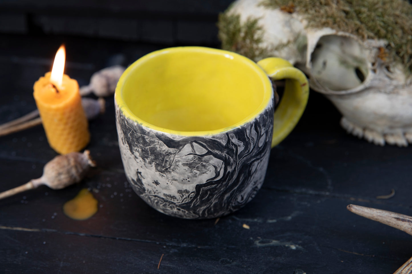 Fox and butterfly ceramic mug. Totem pottery