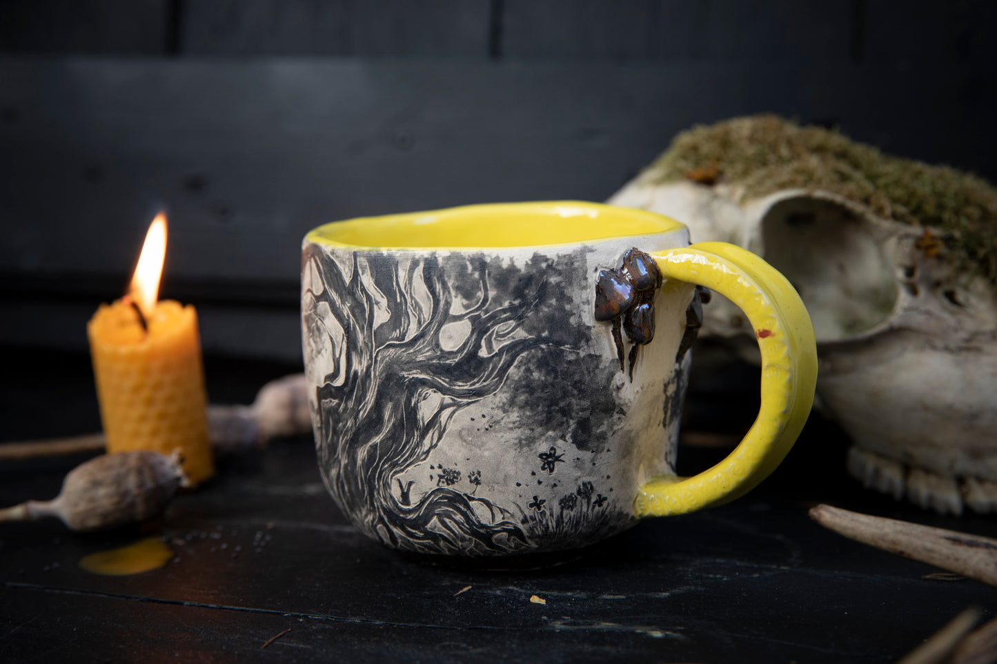 Fox and butterfly ceramic mug. Totem pottery