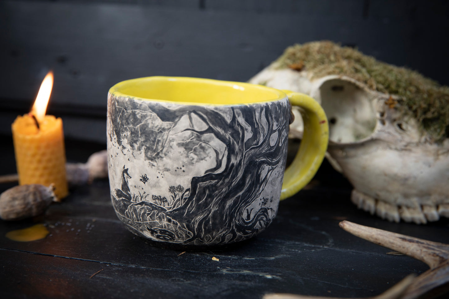 Fox and butterfly ceramic mug. Totem pottery