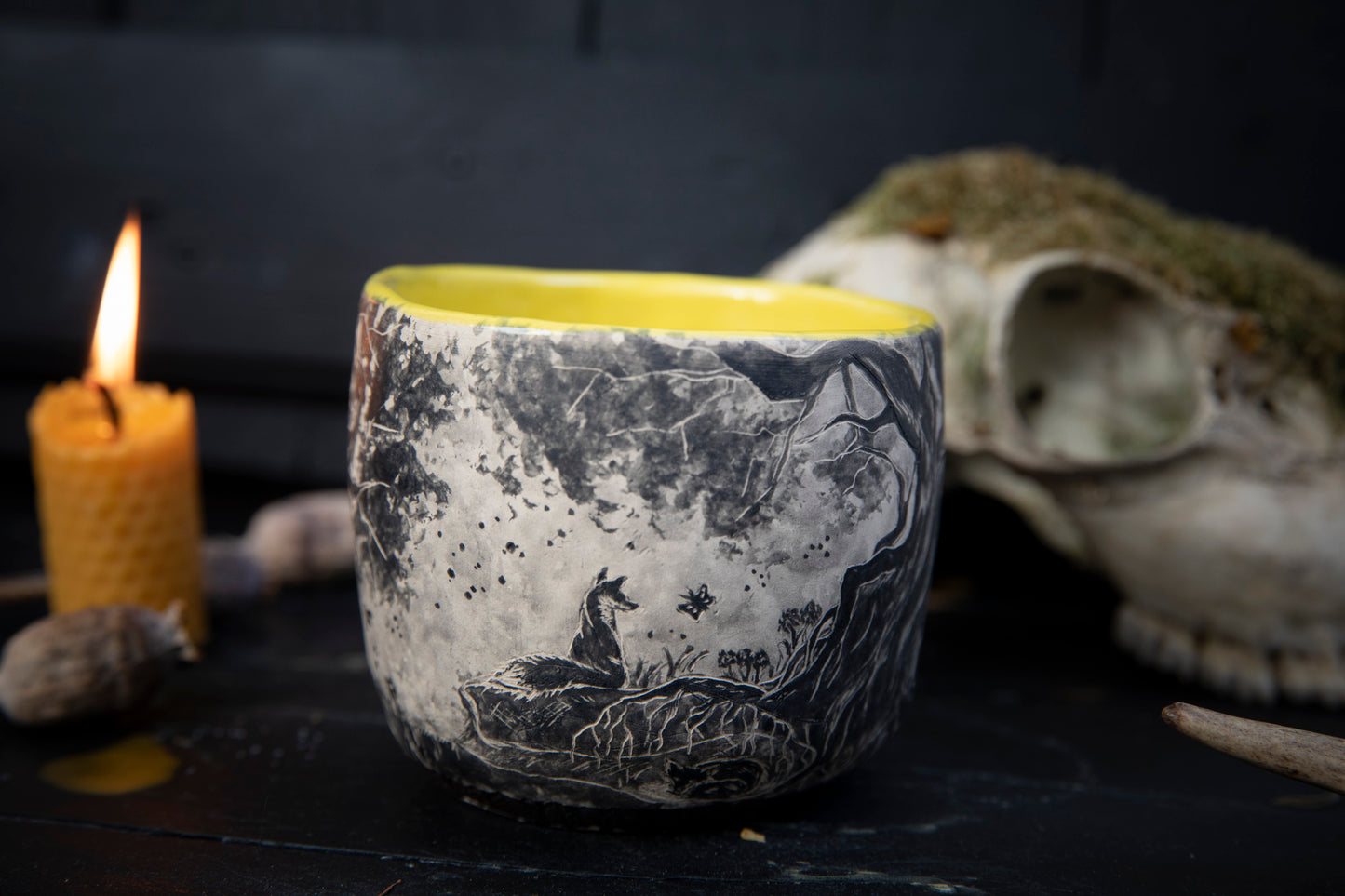 Fox and butterfly ceramic mug. Totem pottery