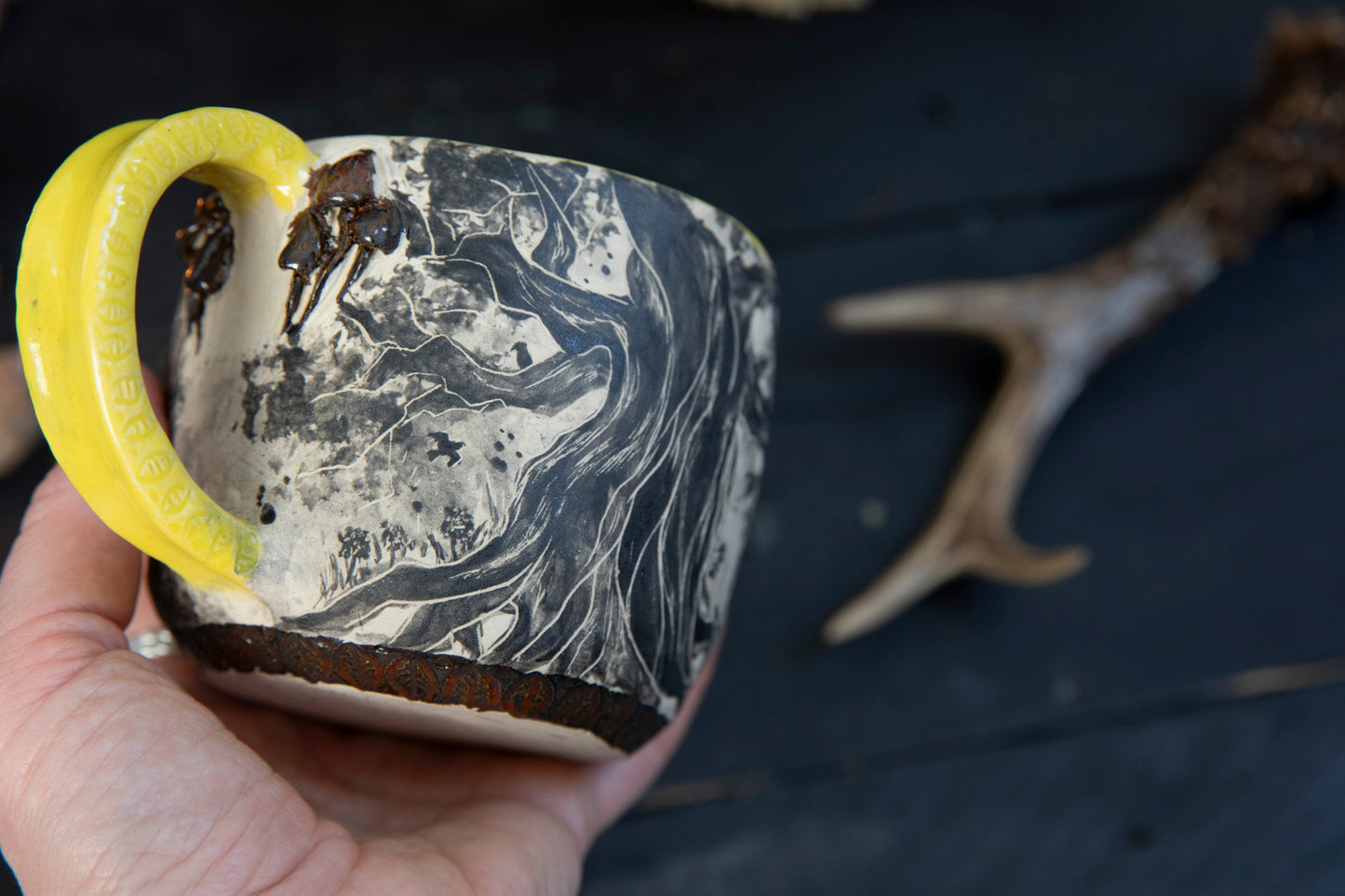 Fox and butterfly ceramic mug. Totem pottery