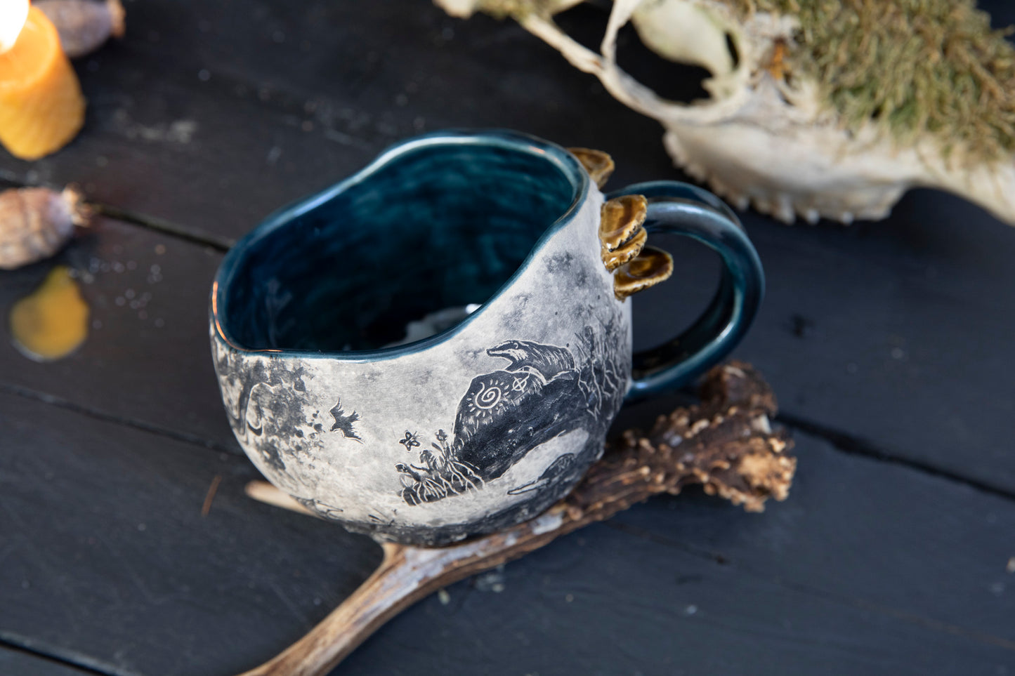Badgers and Deer spirit ceramic mug. Totem pottery