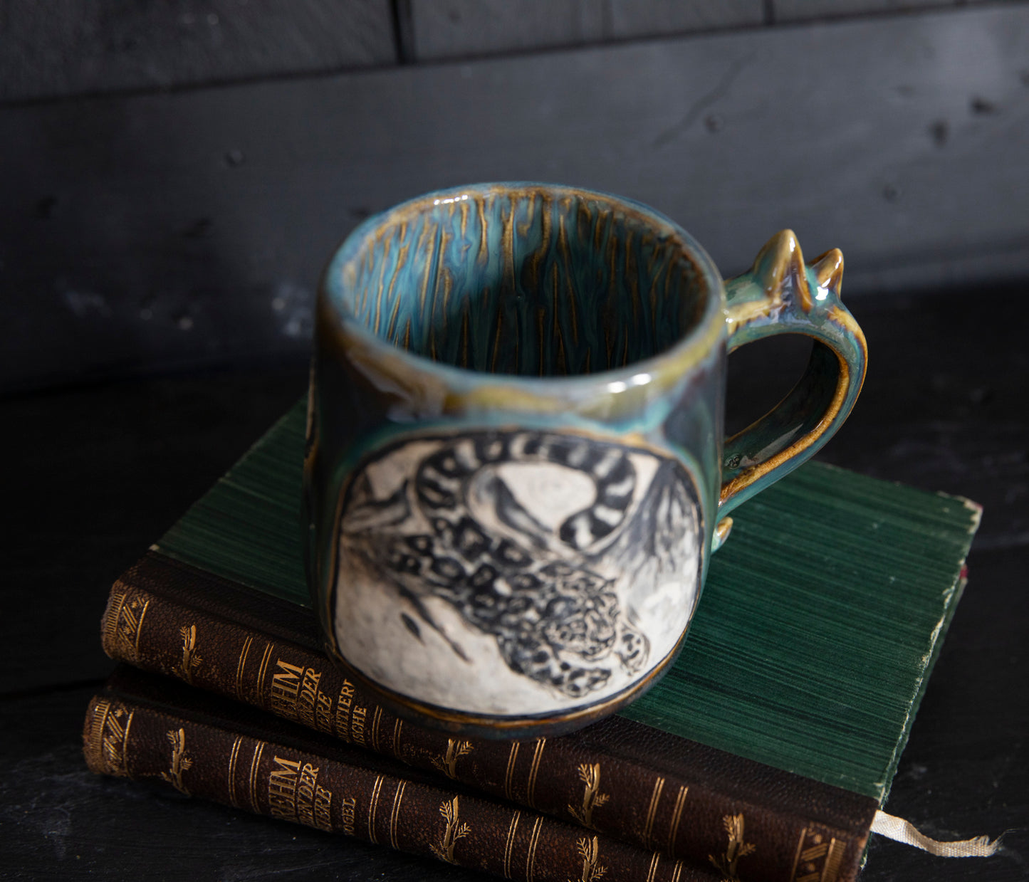 Snow leopard and mountains ceramic mug. Handmade, one of a kind. Unique pottery