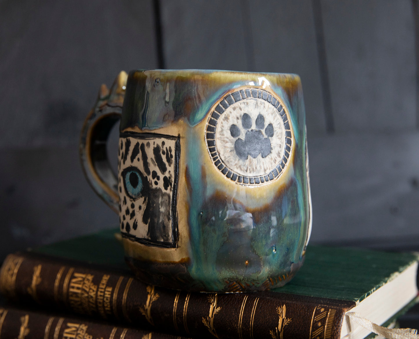 Snow leopard and mountains ceramic mug. Handmade, one of a kind. Unique pottery