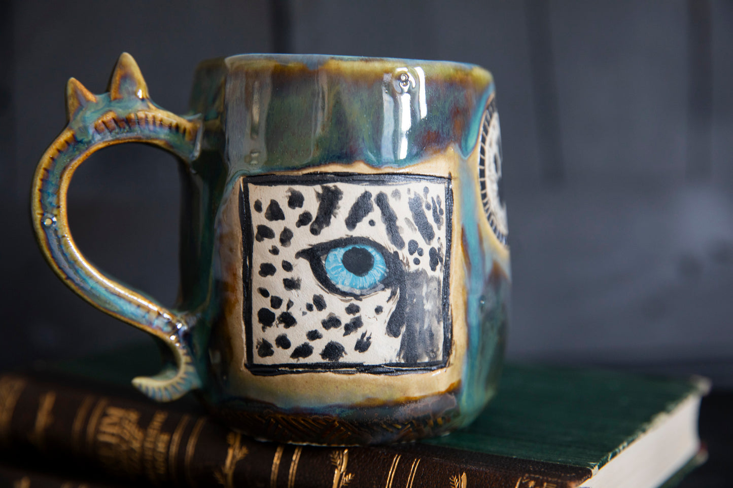 Snow leopard and mountains ceramic mug. Handmade, one of a kind. Unique pottery
