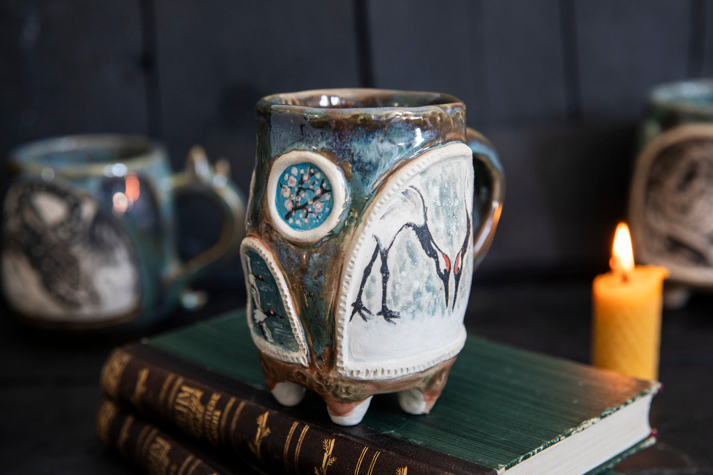 Crane ceramic mug, one of a kind. Pottery, hand built, japanese cranes.