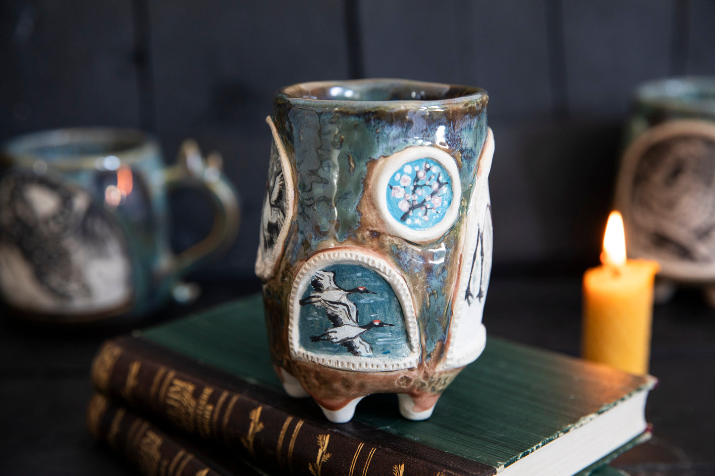 Crane ceramic mug, one of a kind. Pottery, hand built, japanese cranes.