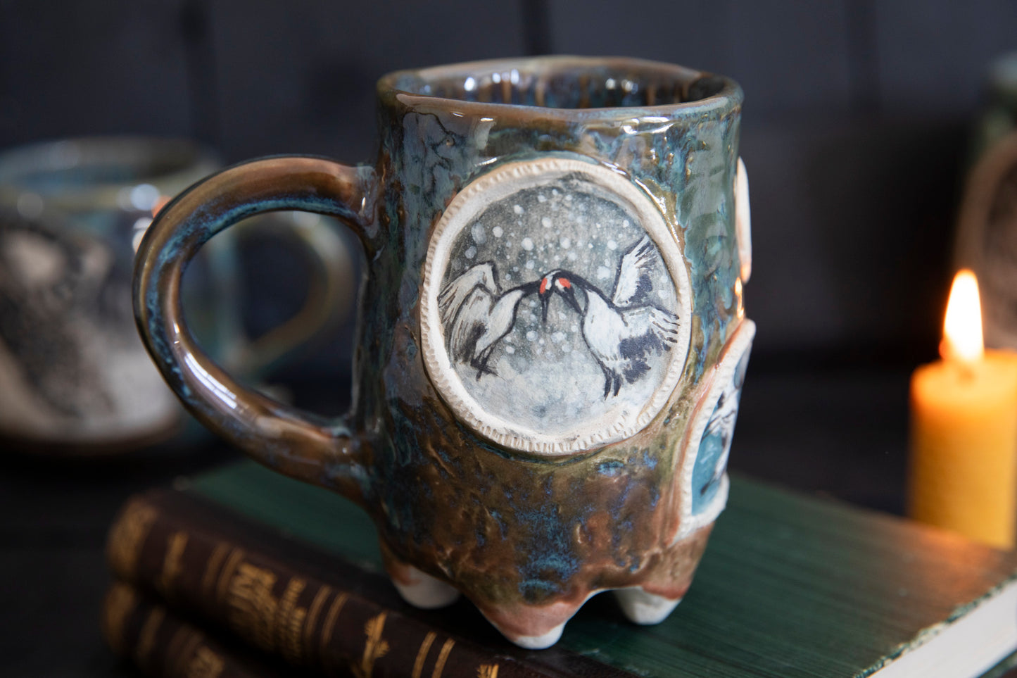 Crane ceramic mug, one of a kind. Pottery, hand built, japanese cranes.