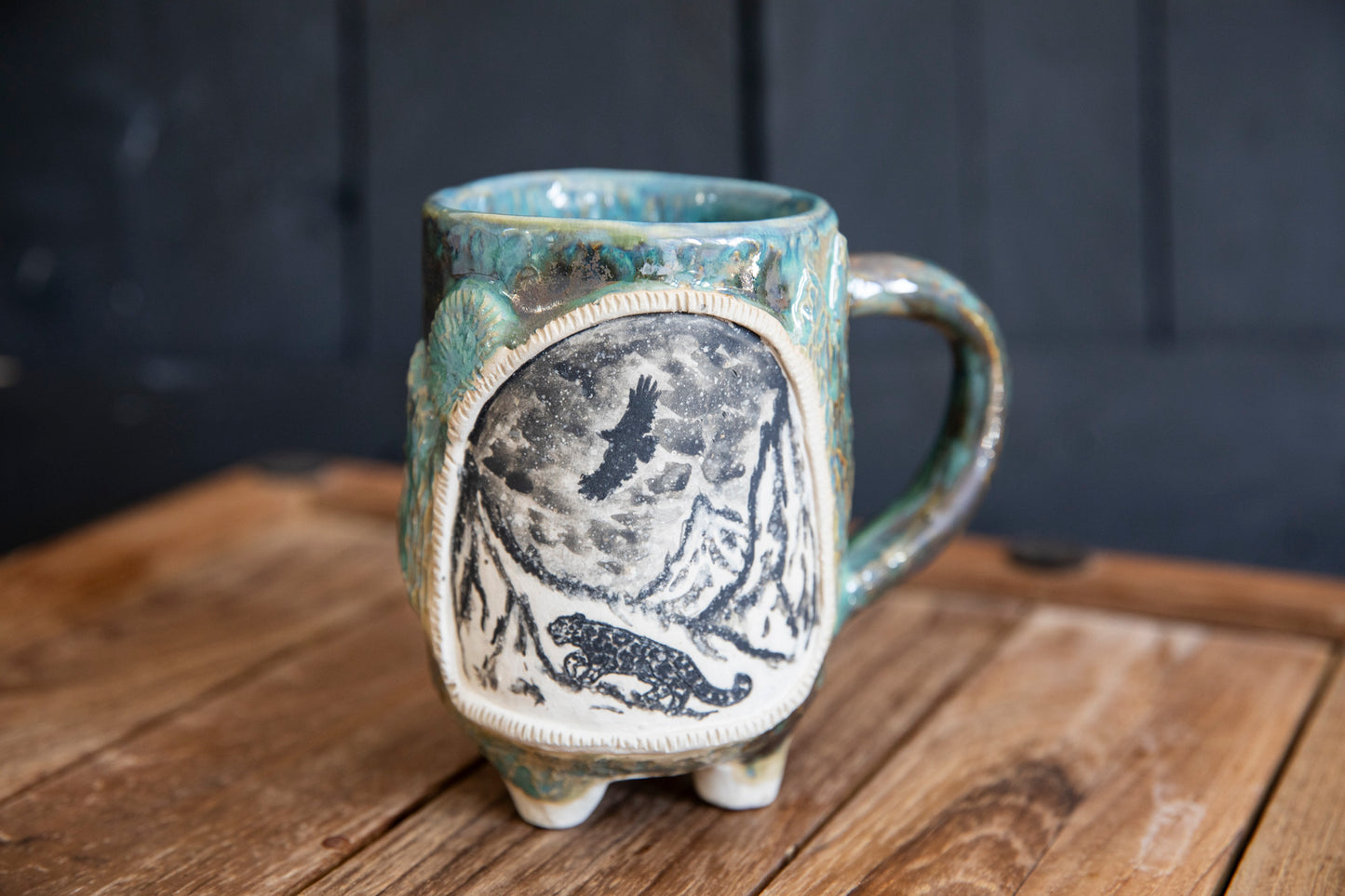 Snow leopard and mountains ceramic mug. Handmade, one of a kind. Unique pottery