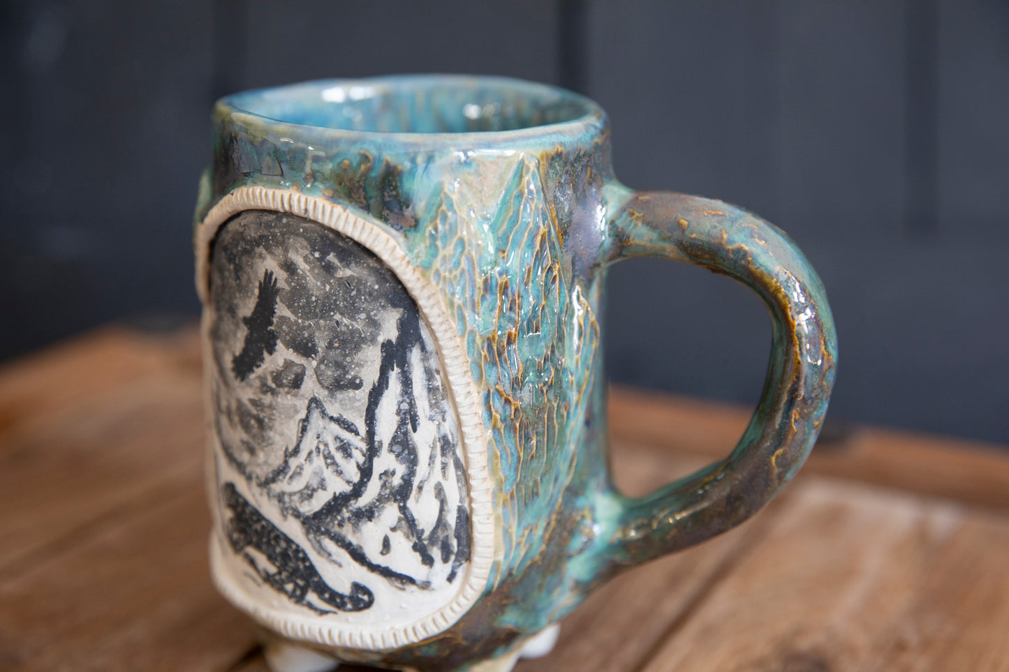 Snow leopard and mountains ceramic mug. Handmade, one of a kind. Unique pottery