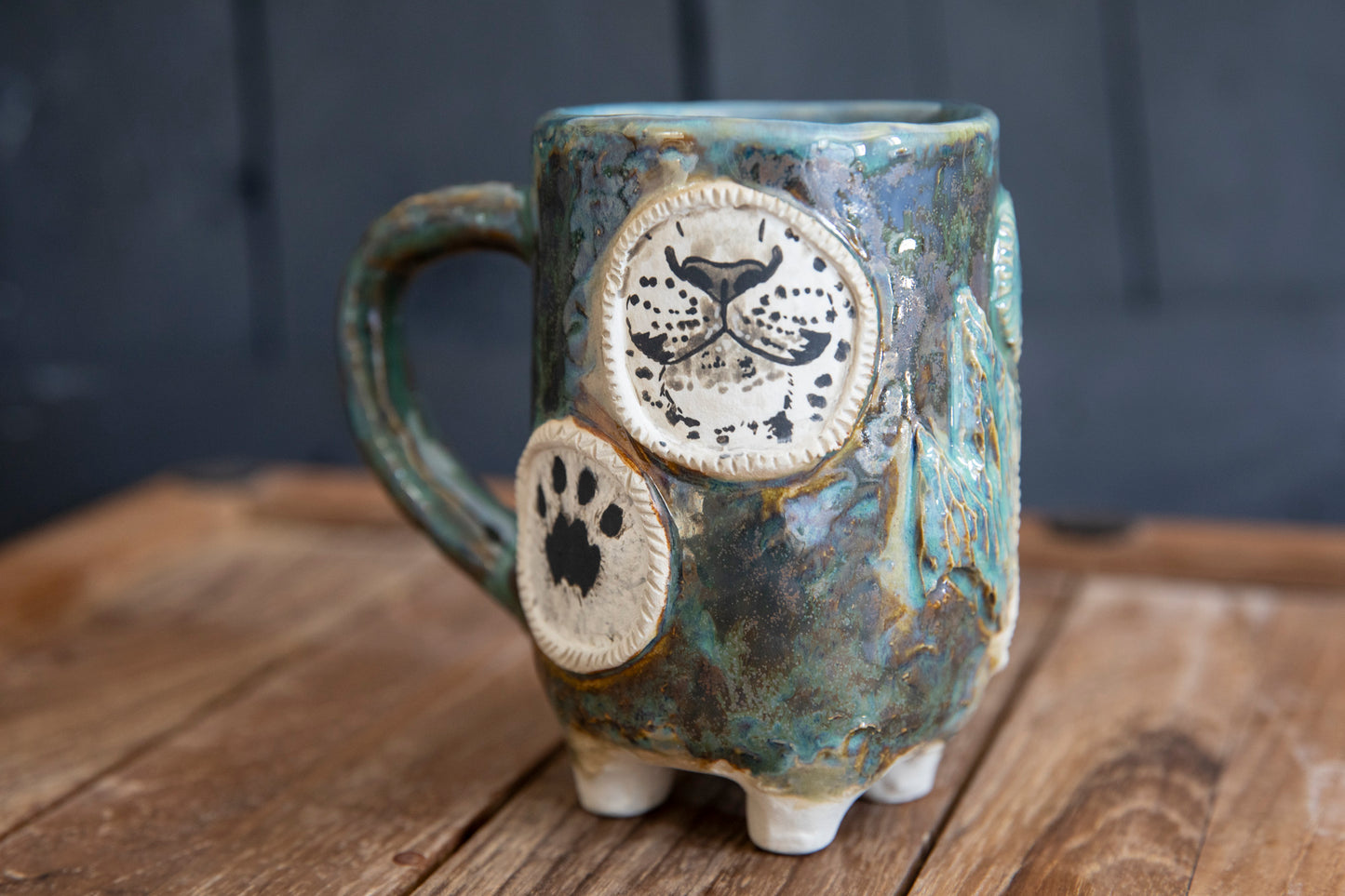 Snow leopard and mountains ceramic mug. Handmade, one of a kind. Unique pottery