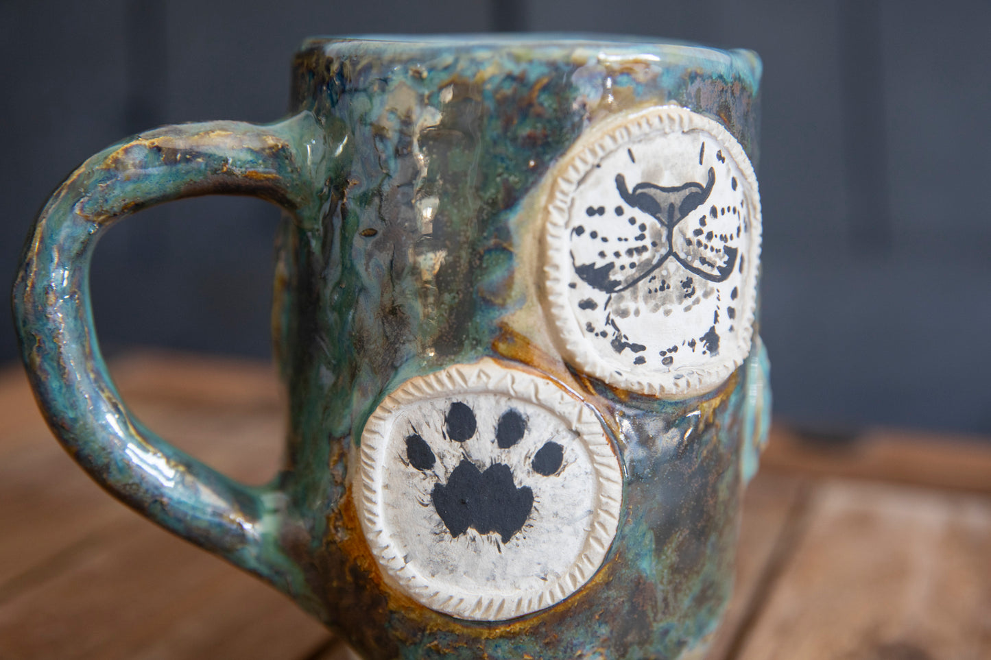 Snow leopard and mountains ceramic mug. Handmade, one of a kind. Unique pottery