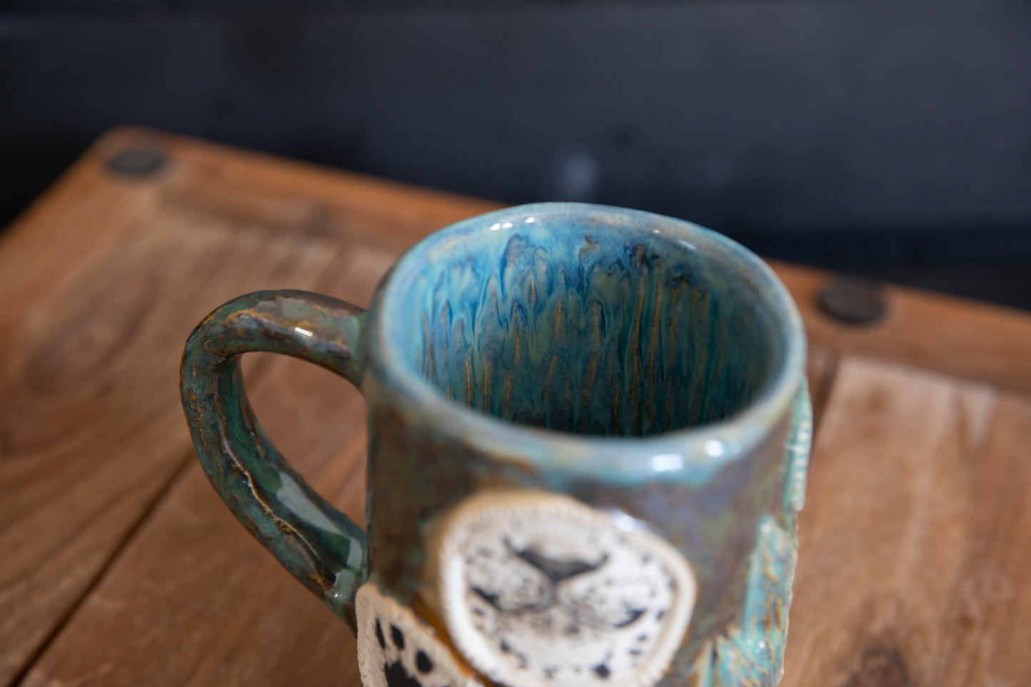 Snow leopard and mountains ceramic mug. Handmade, one of a kind. Unique pottery