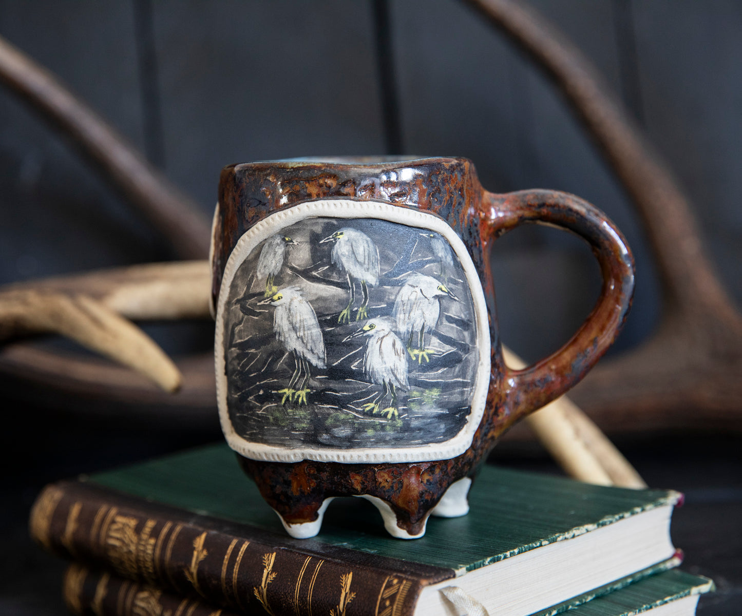 White egret and heron ceramic mug. Unique hand built pottery. Spirit guide mug.
