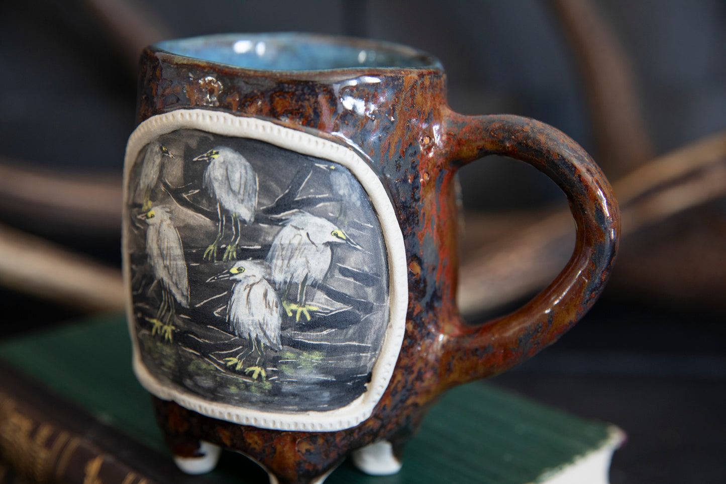 White egret and heron ceramic mug. Unique hand built pottery. Spirit guide mug.