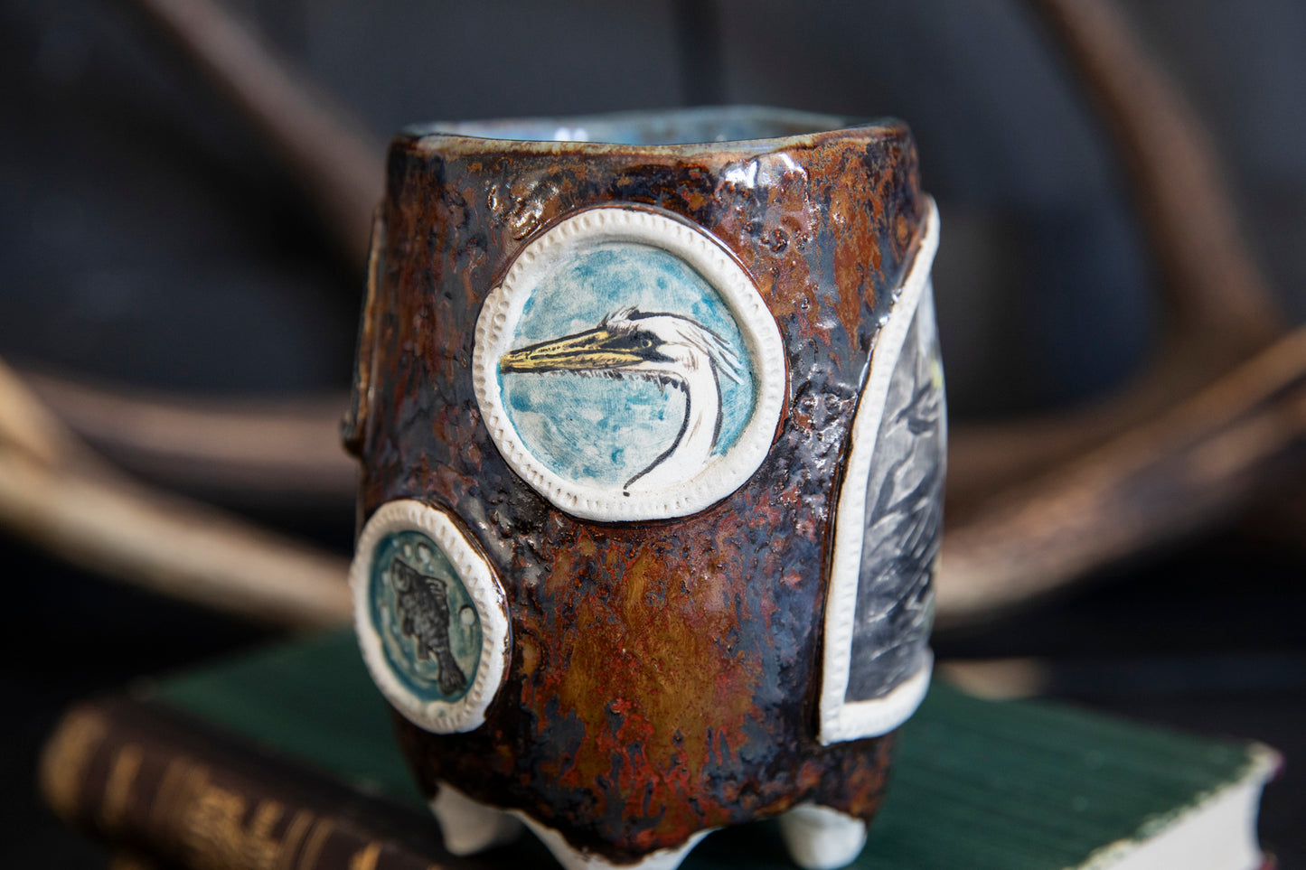 White egret and heron ceramic mug. Unique hand built pottery. Spirit guide mug.