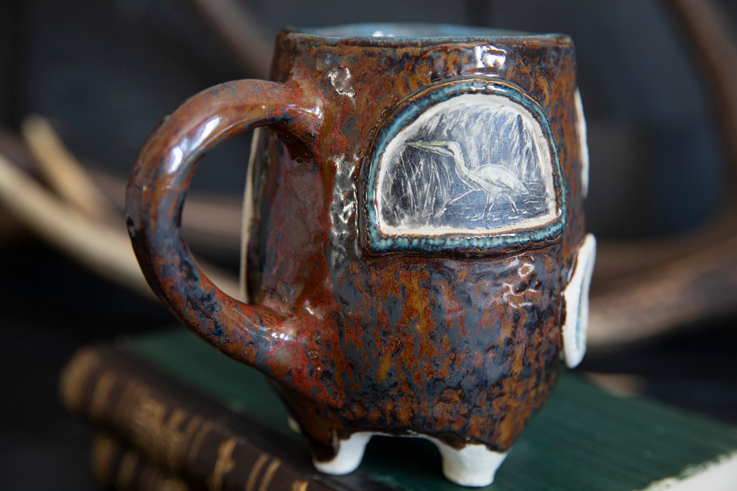 White egret and heron ceramic mug. Unique hand built pottery. Spirit guide mug.