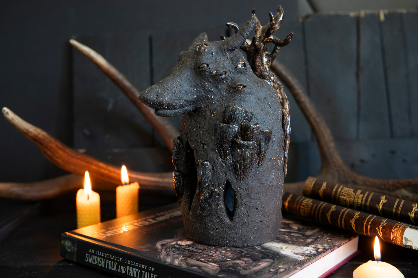 Wolf forest totem, candle holder, incense burner. One of a kind, black clay.