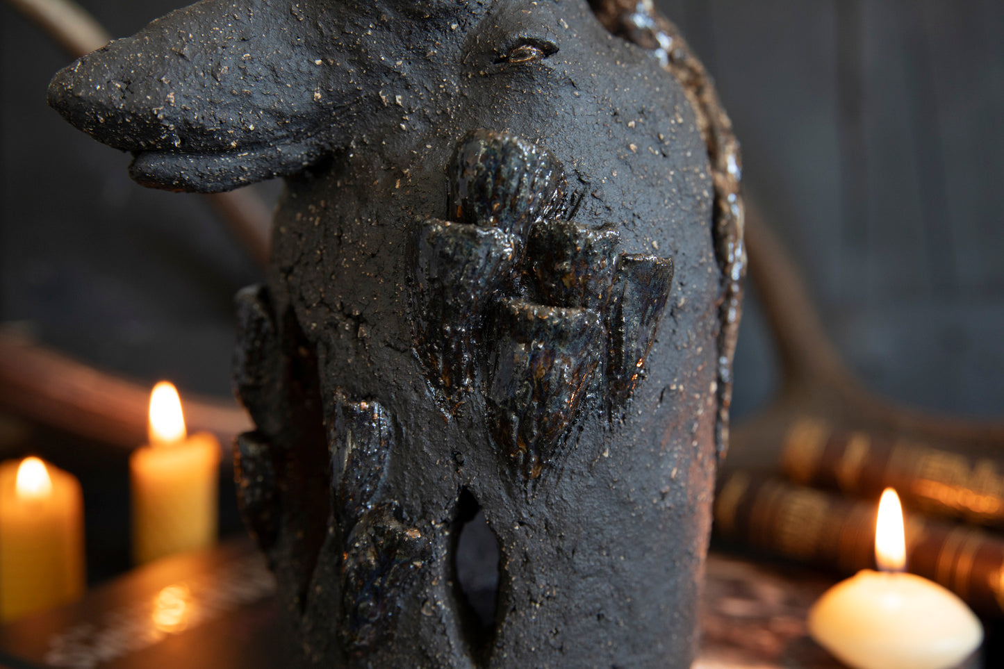 Wolf forest totem, candle holder, incense burner. One of a kind, black clay.
