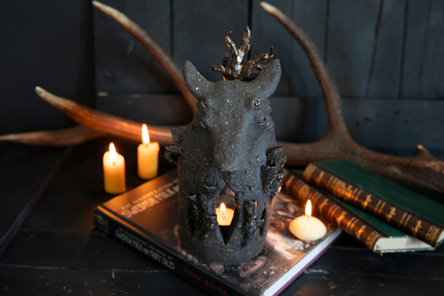 Wolf forest totem, candle holder, incense burner. One of a kind, black clay.