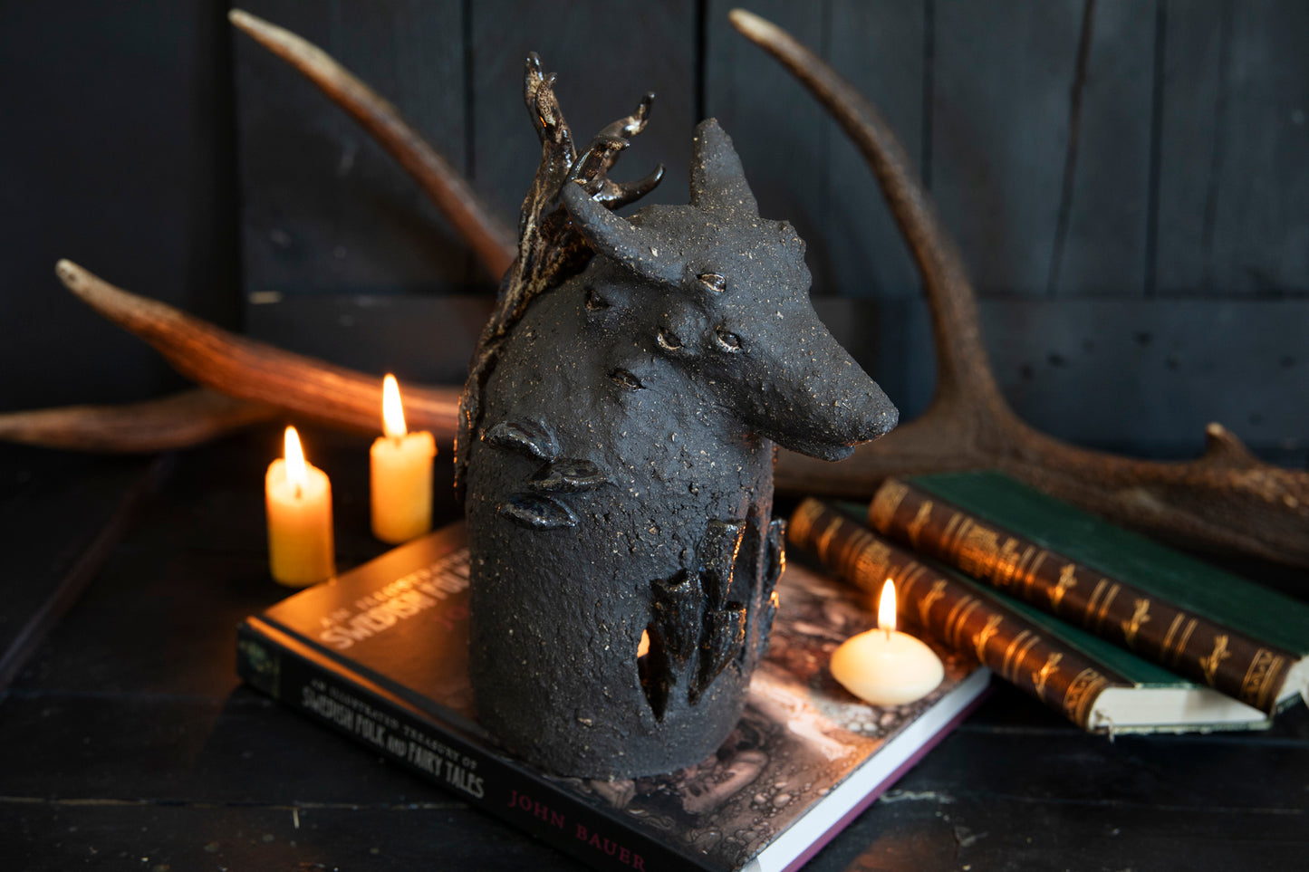 Wolf forest totem, candle holder, incense burner. One of a kind, black clay.