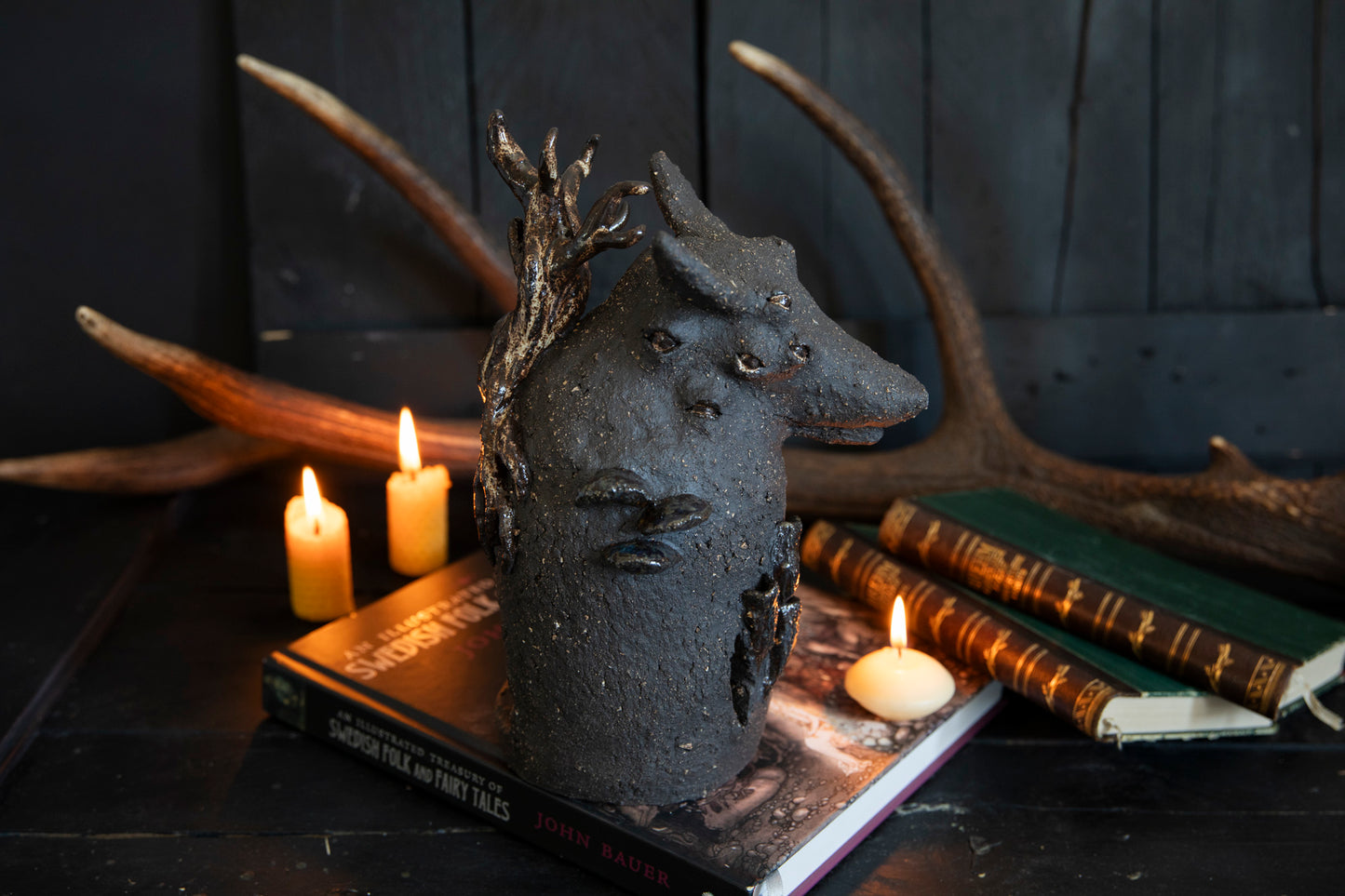 Wolf forest totem, candle holder, incense burner. One of a kind, black clay.