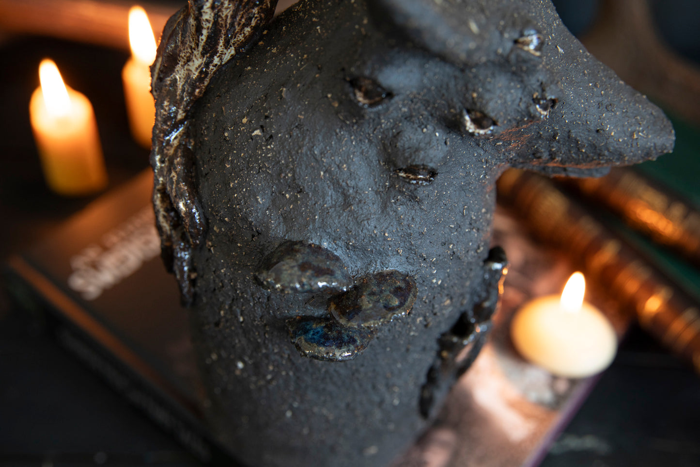 Wolf forest totem, candle holder, incense burner. One of a kind, black clay.