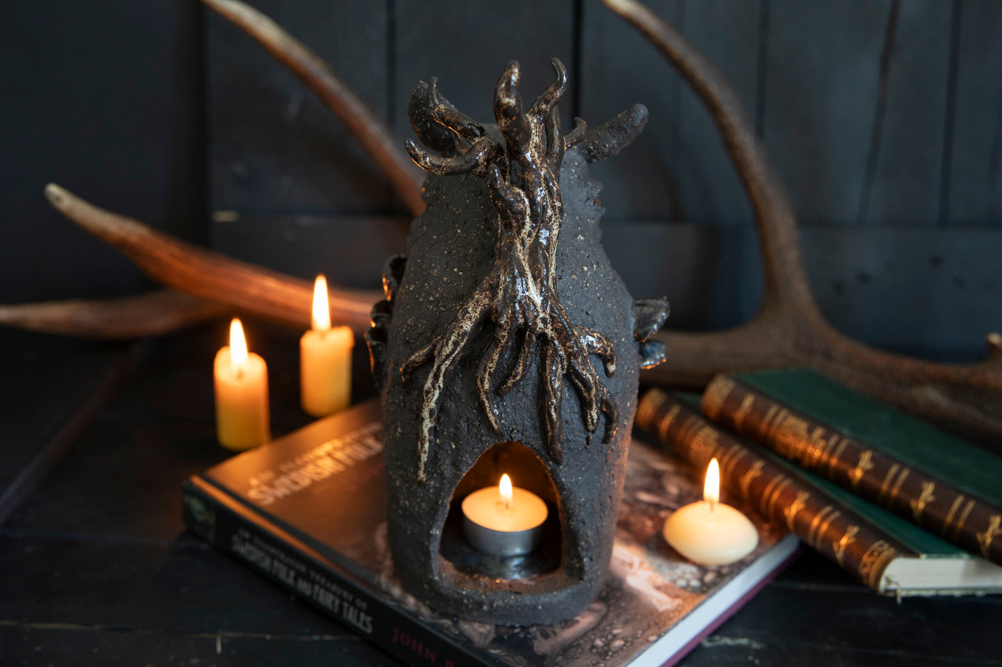 Wolf forest totem, candle holder, incense burner. One of a kind, black clay.