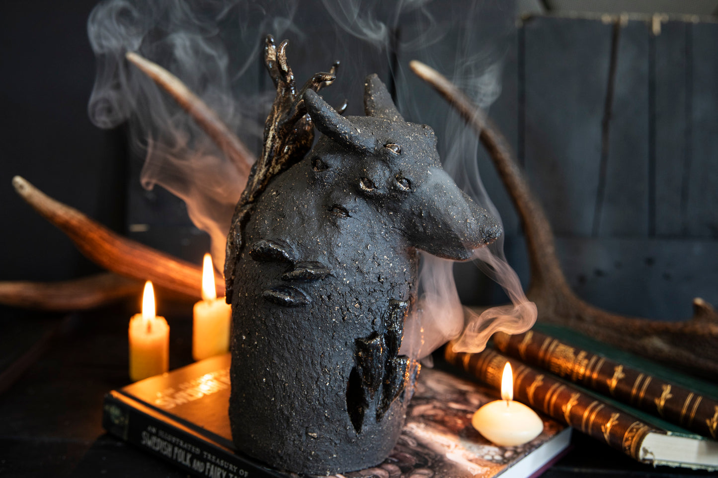 Wolf forest totem, candle holder, incense burner. One of a kind, black clay.