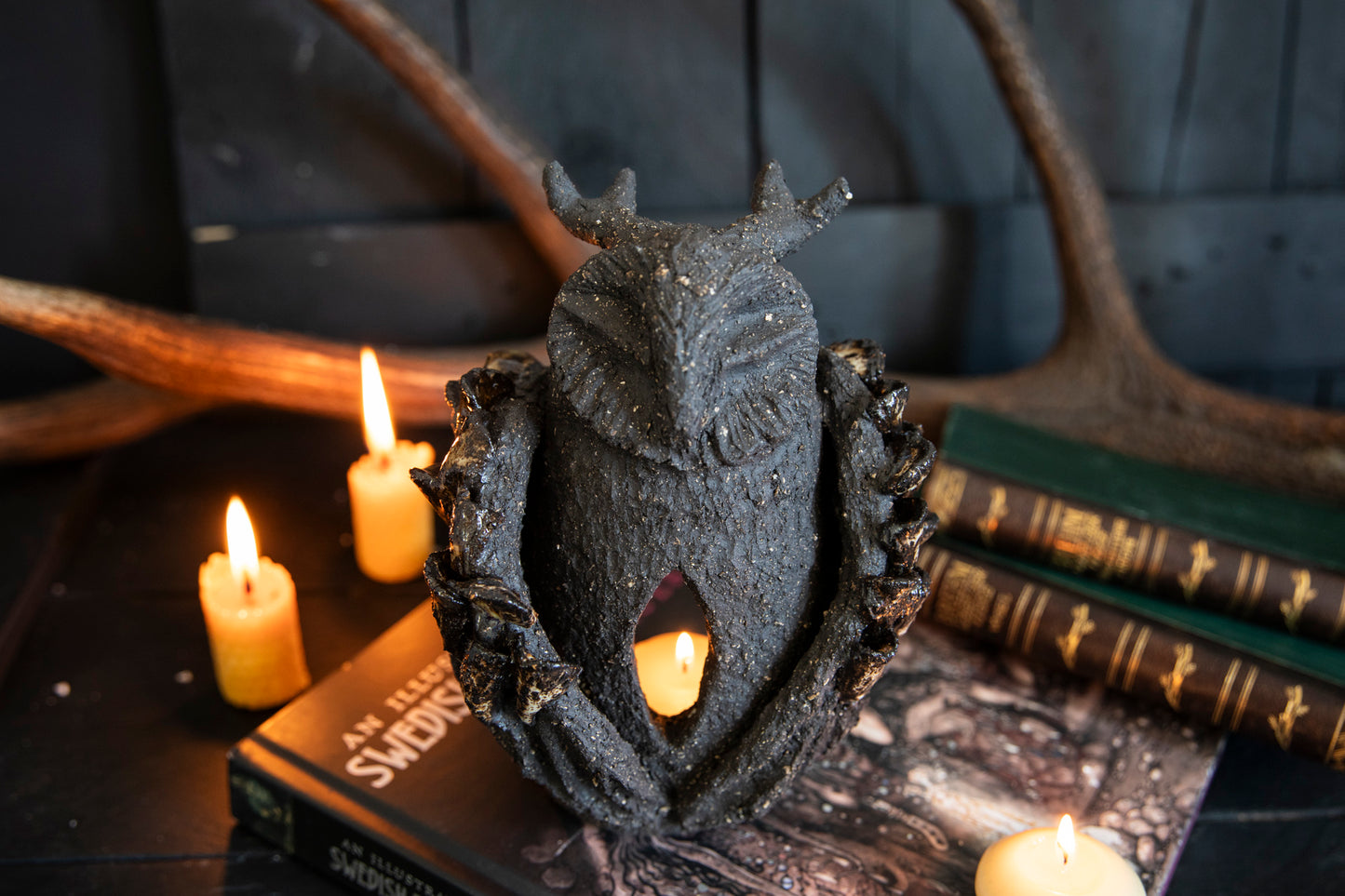 Owl forest totem, candle holder. One of a kind, black clay.