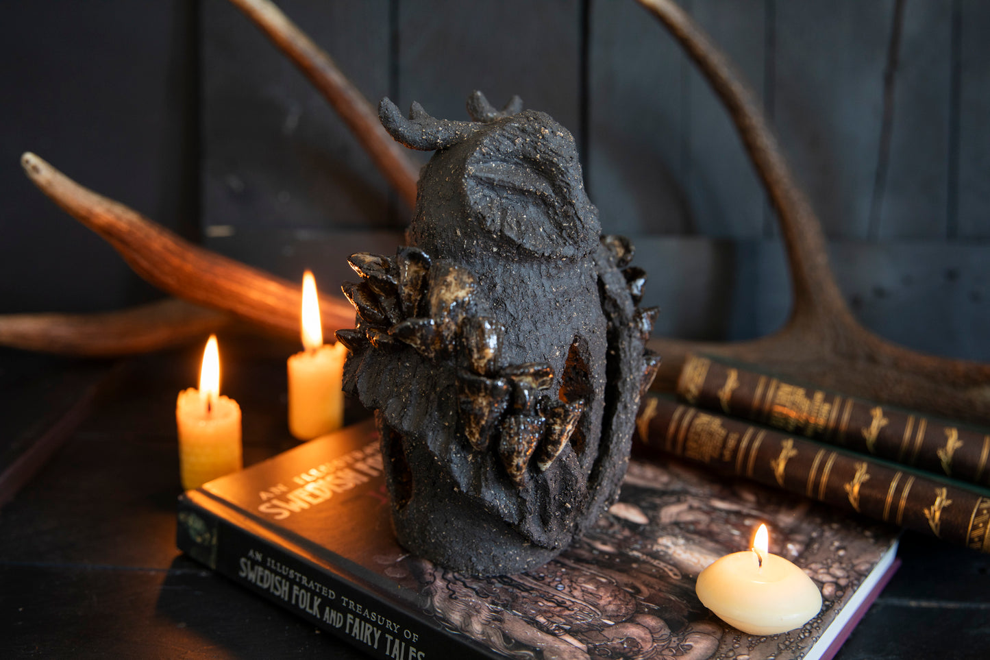 Owl forest totem, candle holder. One of a kind, black clay.