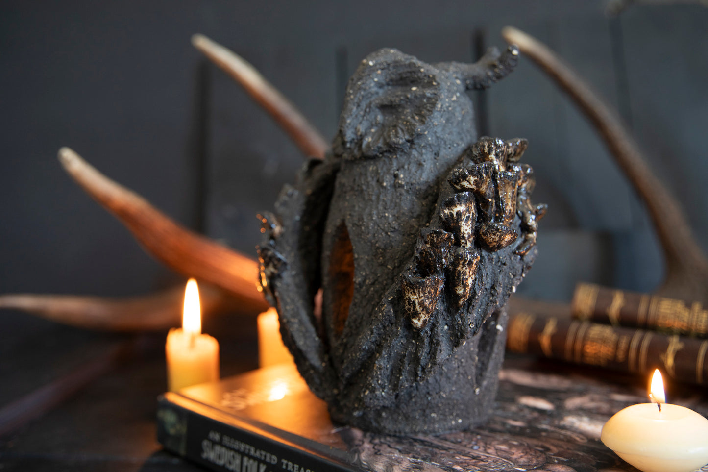 Owl forest totem, candle holder. One of a kind, black clay.