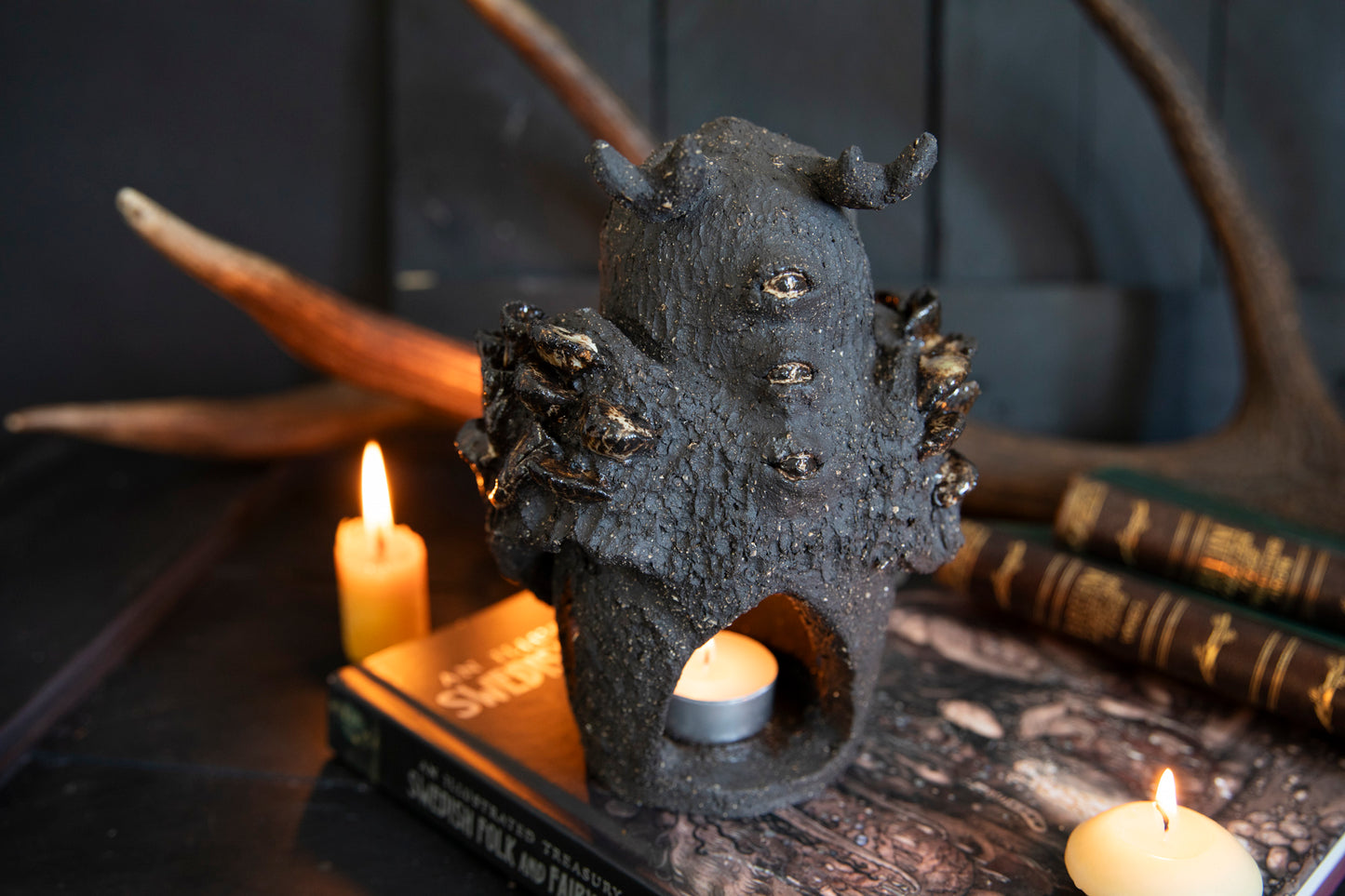 Owl forest totem, candle holder. One of a kind, black clay.