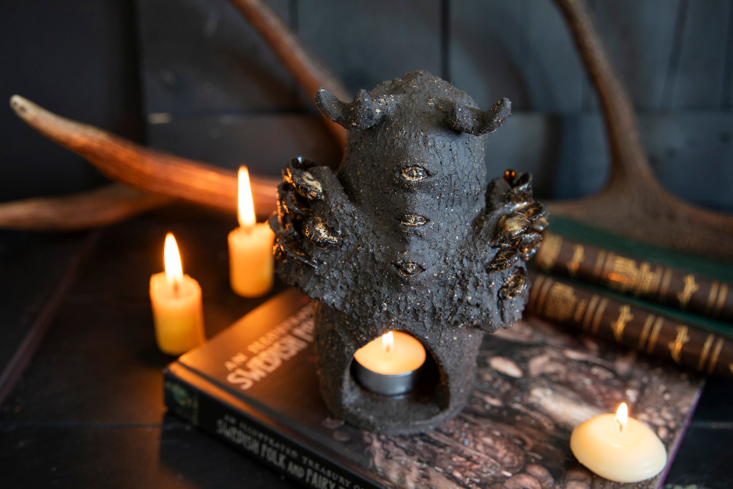 Owl forest totem, candle holder. One of a kind, black clay.