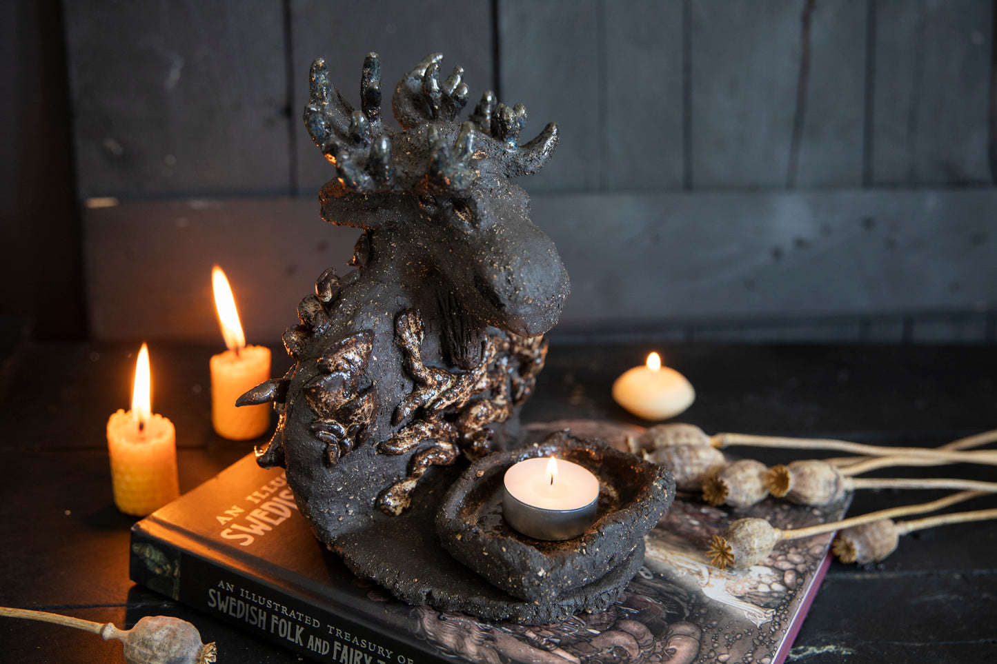 Moose forest totem, altar, candle holder, incense burner. One of a kind, black clay, elk, deer