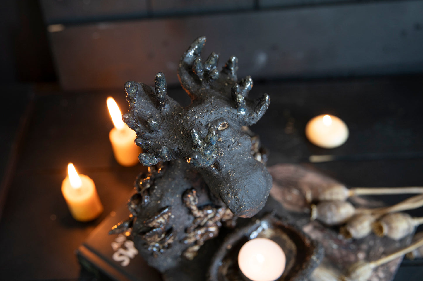 Moose forest totem, altar, candle holder, incense burner. One of a kind, black clay, elk, deer