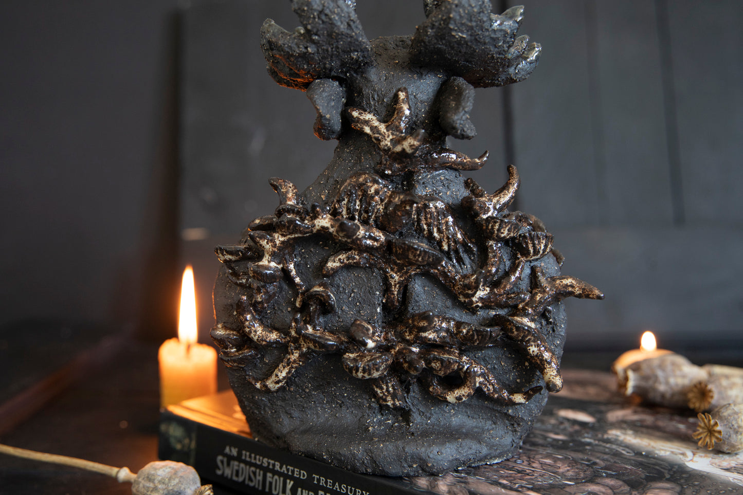 Moose forest totem, altar, candle holder, incense burner. One of a kind, black clay, elk, deer